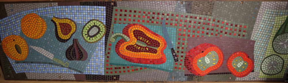 Three contemporary mosaic panels depicting fruit and other items on servery tables, largest overall 84 x 104cm, 85 x 204cm